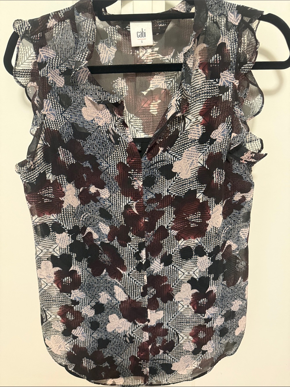 CAbi Sheer Floral Button Front Blouse in Black, Pink and Burgundy
